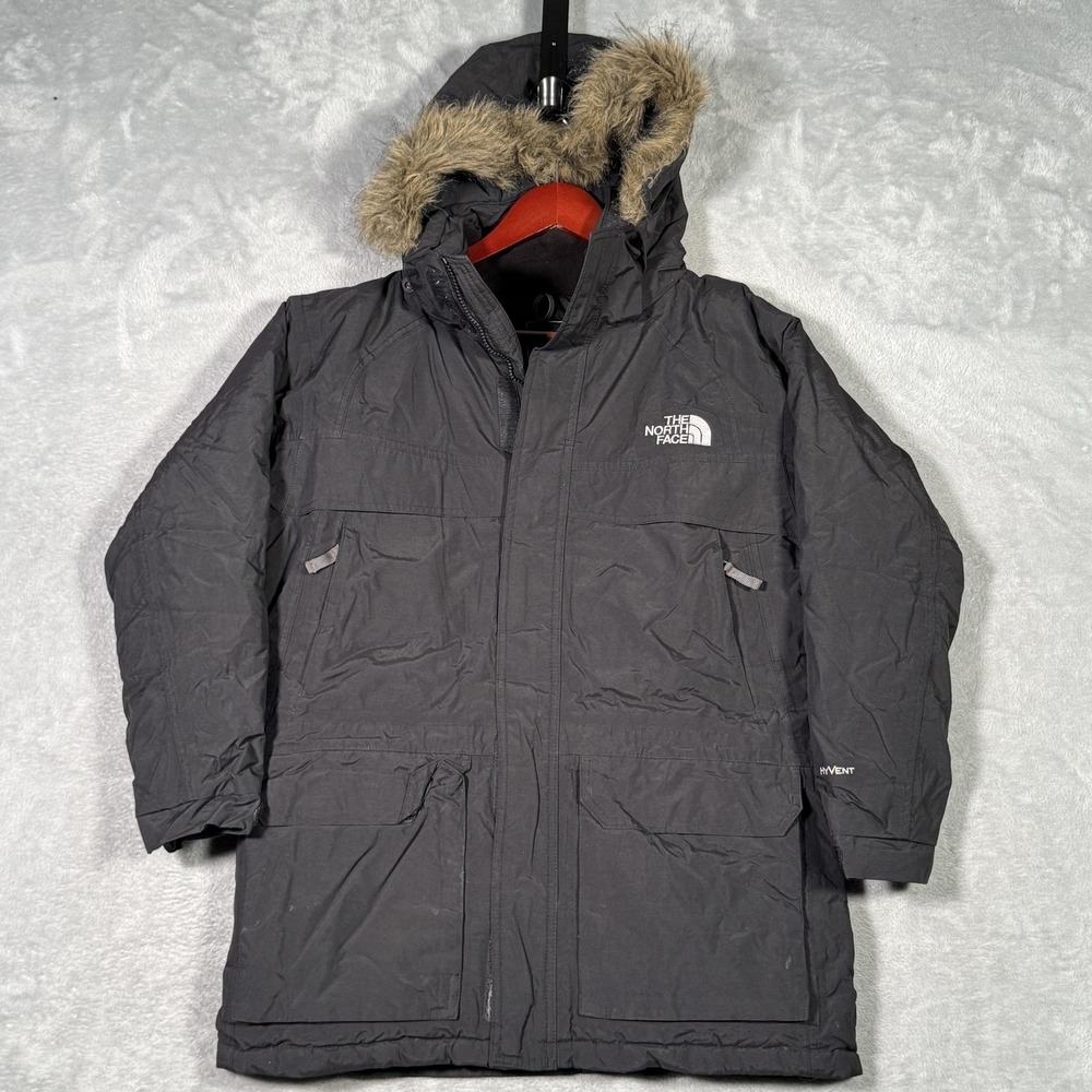 The North Face Coat Boys L Black Hooded HyVent Down Parka Faux Fur Trim